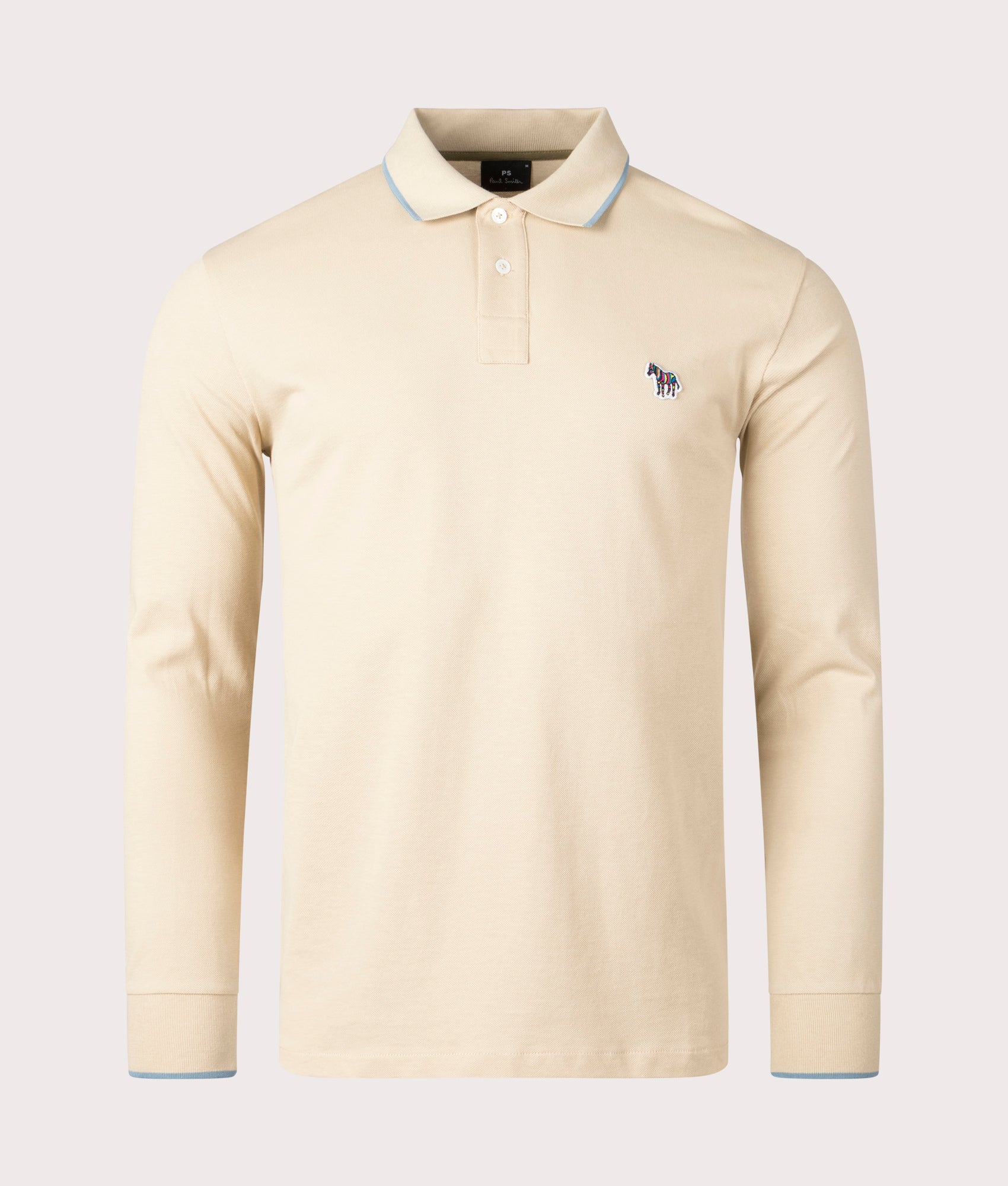 PS Paul Smith Mens Long Sleeve Zebra Badge Polo Shirt - Colour: 61 Medium Beige - Size: Medium