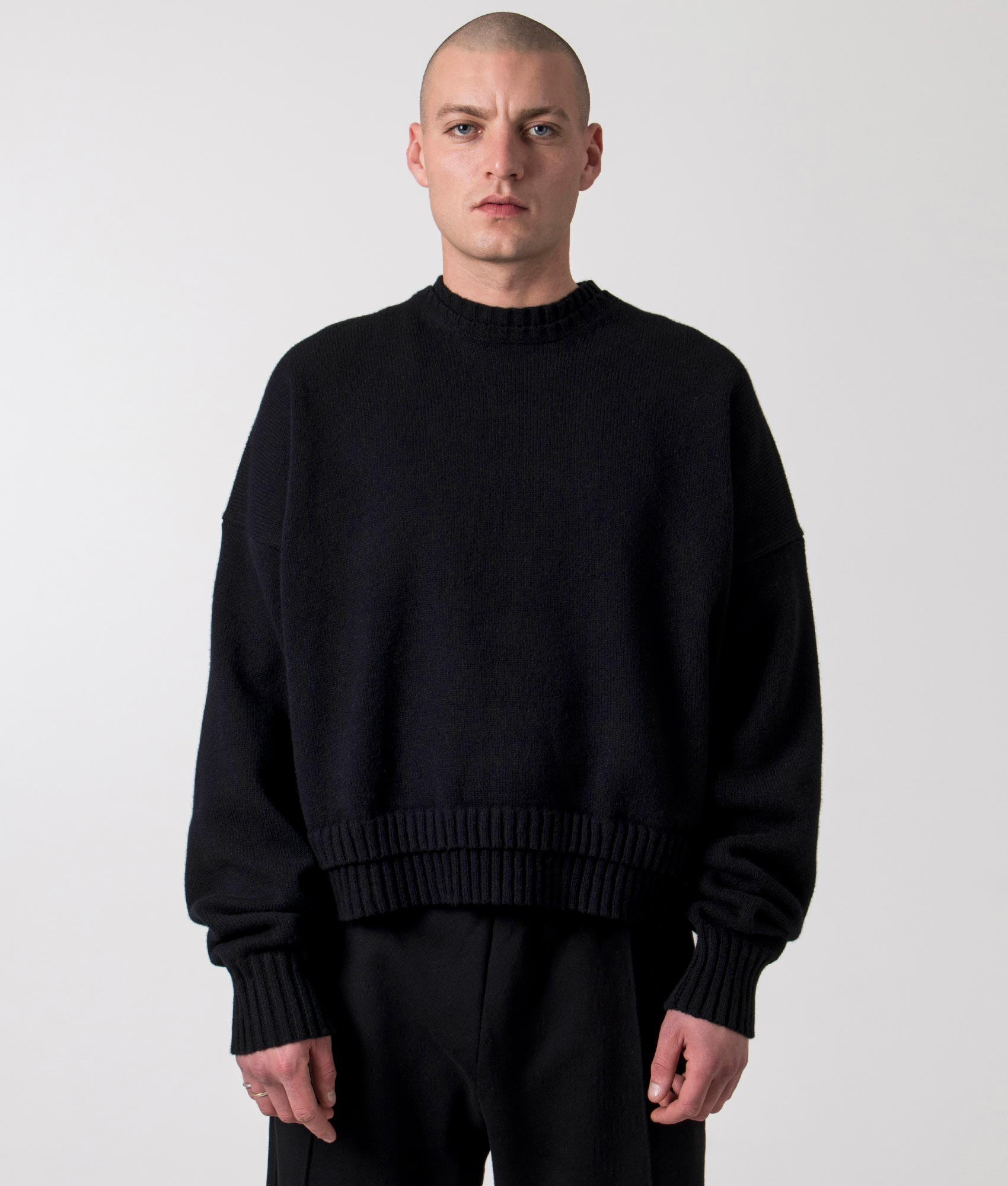 FLORENCE BLACK Mens Oversized Cropped Lambswool Knitted Jumper V3 - Colour: Black - Size: Large