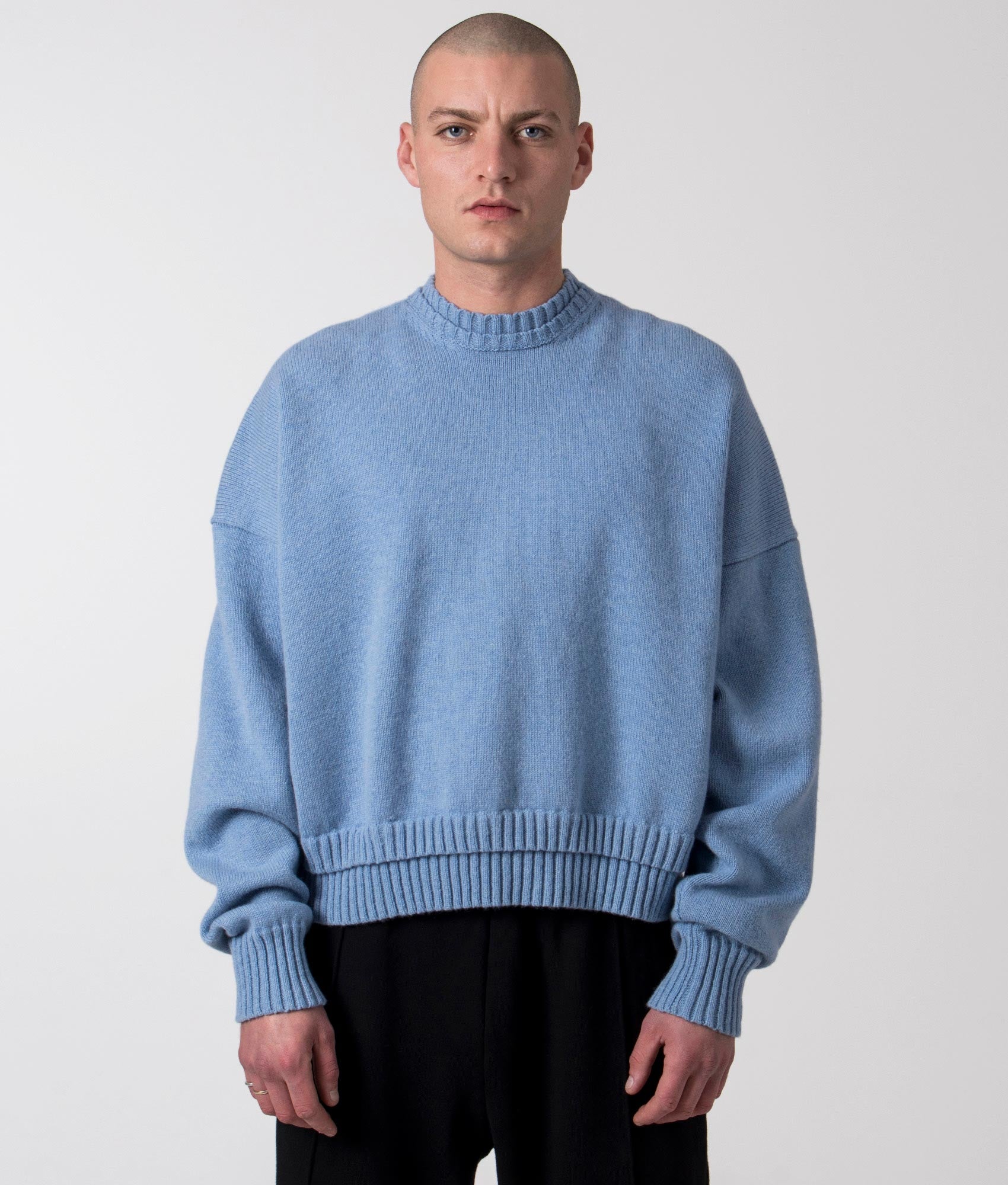 FLORENCE BLACK Mens Oversized Cropped Lambswool Knitted Jumper V3 - Colour: Iceberg - Size: Large