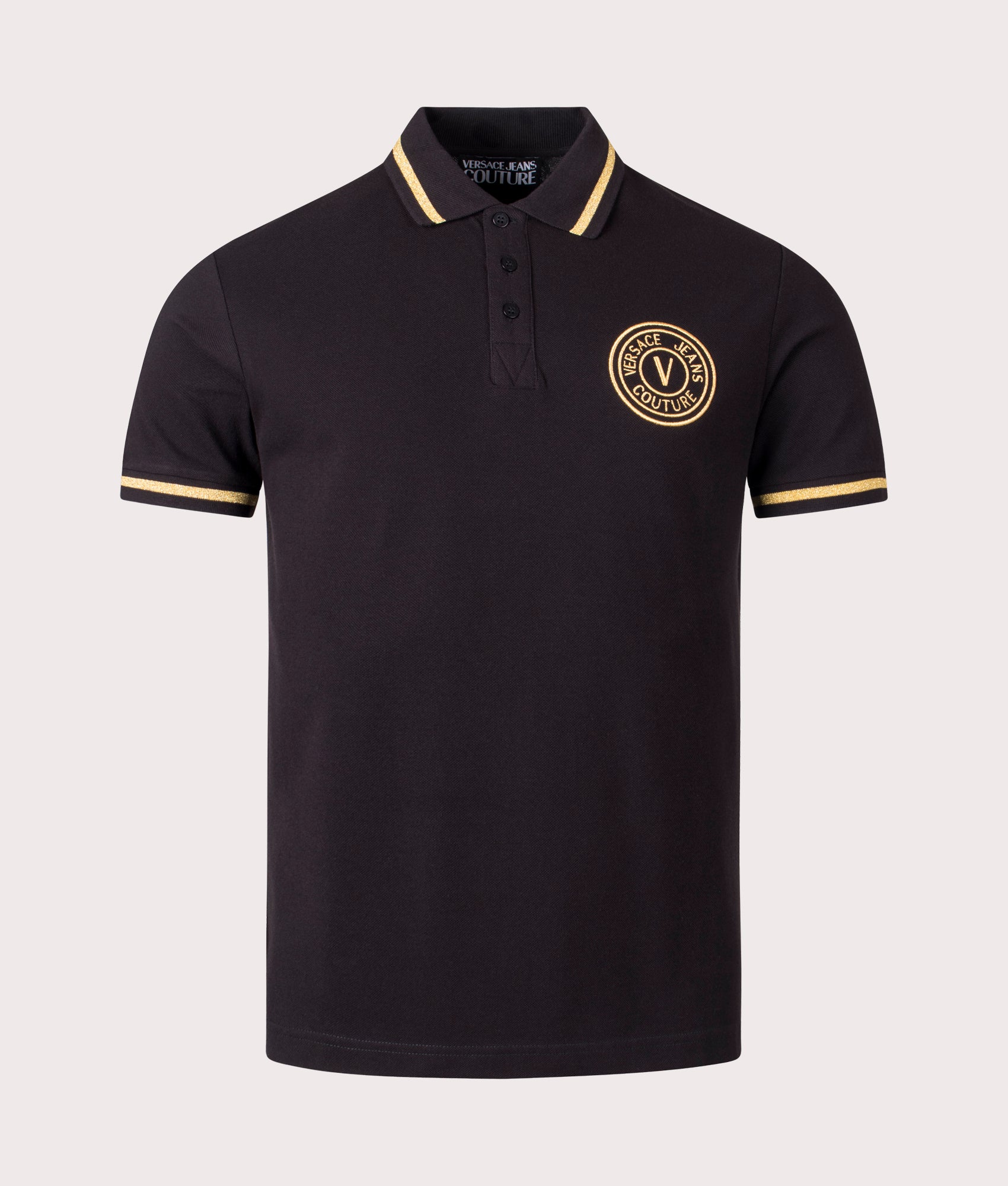 Versace Jeans Couture Mens V Emblem Gold Embroidered Polo Shirt - Colour: G89 Black/Gold - Size: Med