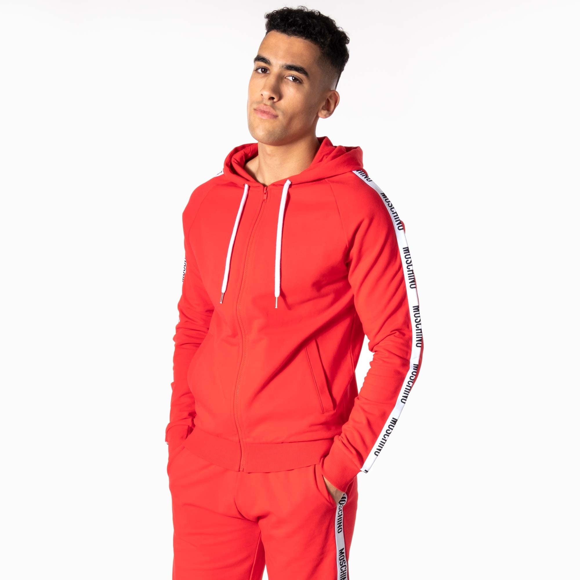 Moschino Mens Logo Taped Arm Zip Through Hoodie - Colour: 113 Red - Size: Medium