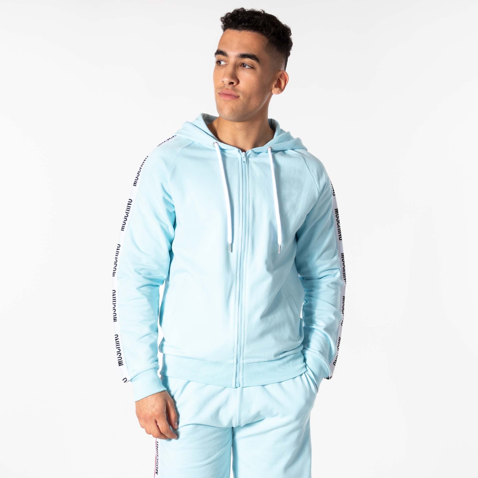 Moschino Mens Logo Taped Arm Zip Through Hoodie - Colour: 331 Light Blue - Size: Large