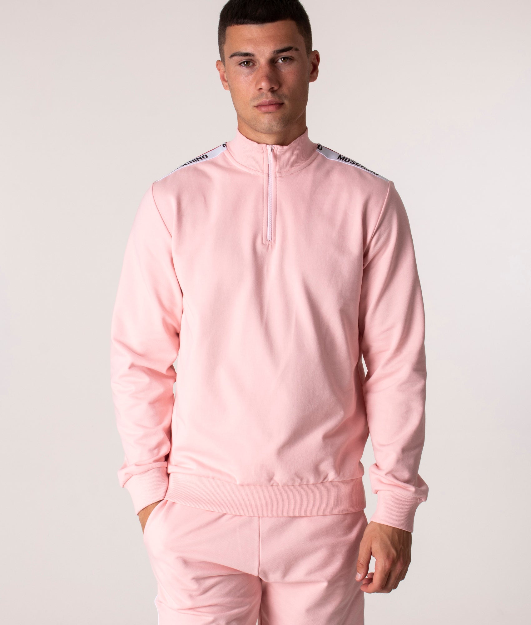 Moschino Mens Quarter Zip Shoulder Taped Sweatshirt - Colour: 227 Pink - Size: Large