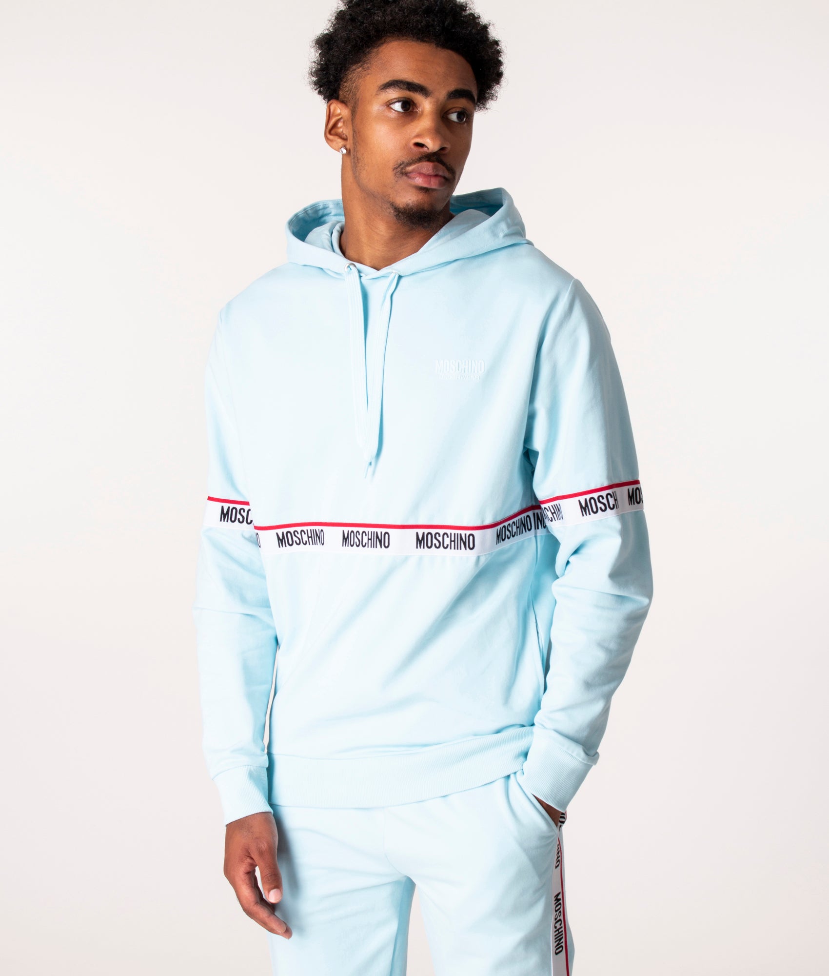 Moschino Mens Logo Taped Hoodie - Colour: 332 Light Blue - Size: XL