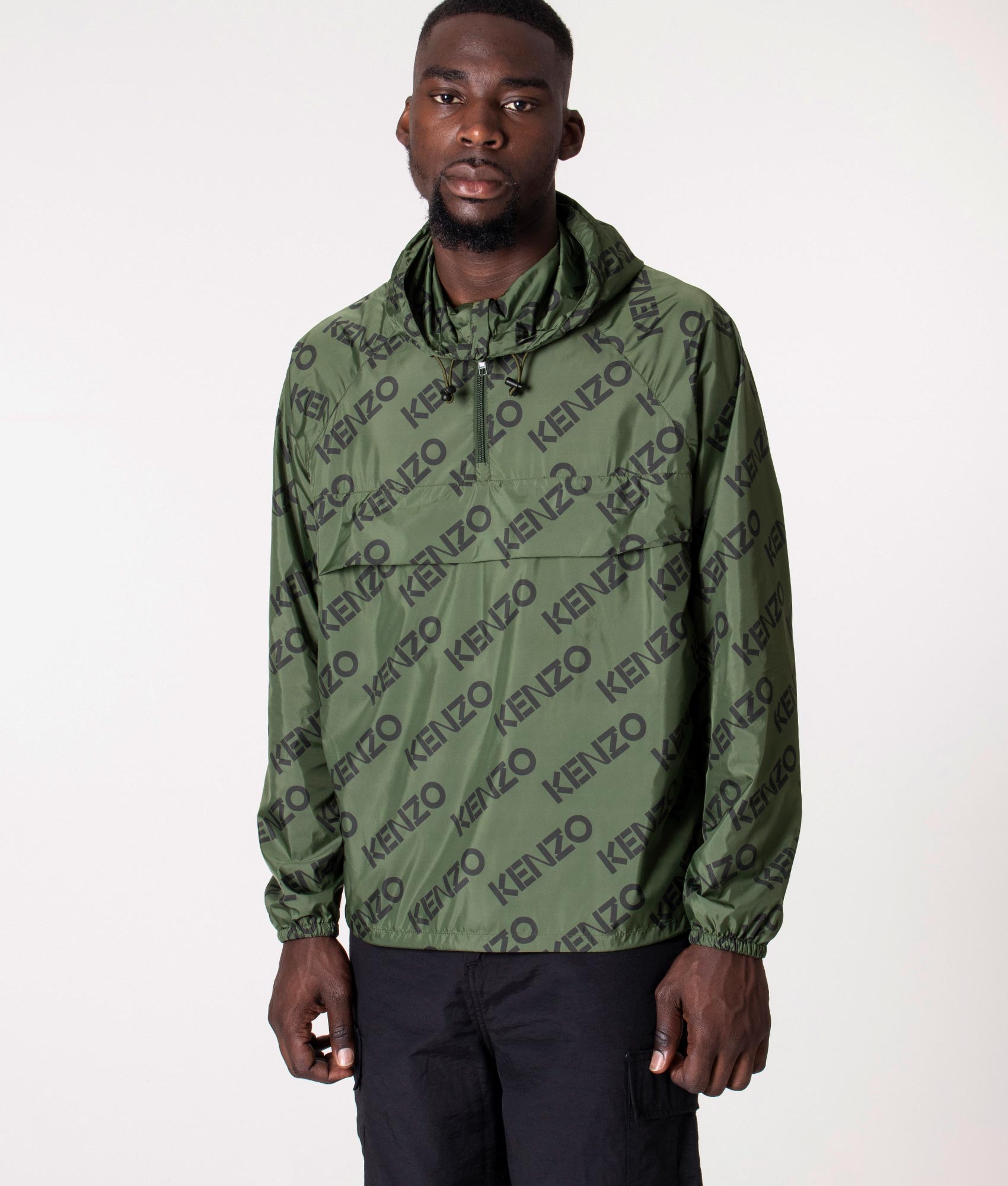 KENZO Mens Quarter Zip Monogram Packable Windcheater Jacket - Colour: 51 Dark Khaki - Size: Large