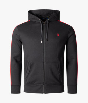 black polo hoodie with red logo