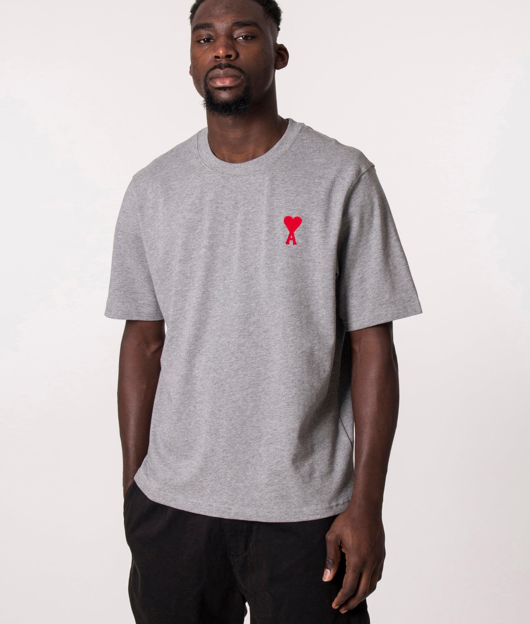 AMI Mens Relaxed Fit Contrast Ami De Coeur Logo T-Shirt - Colour: 0501 Heather Grey/Red - Size: Larg