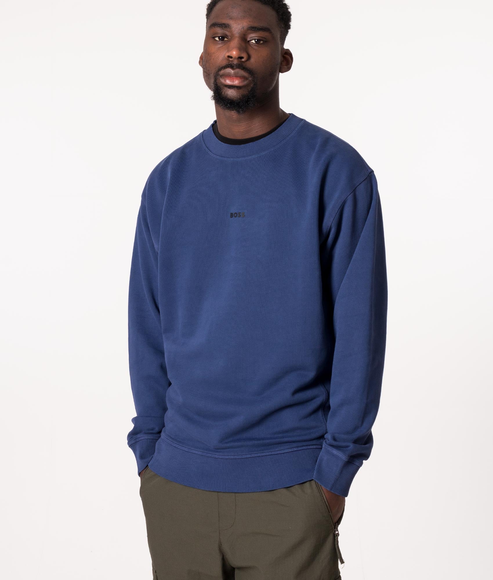 BOSS Mens Relaxed Fit Garment Dyed Wefade Sweatshirt - Colour: 415 Navy - Size: XL