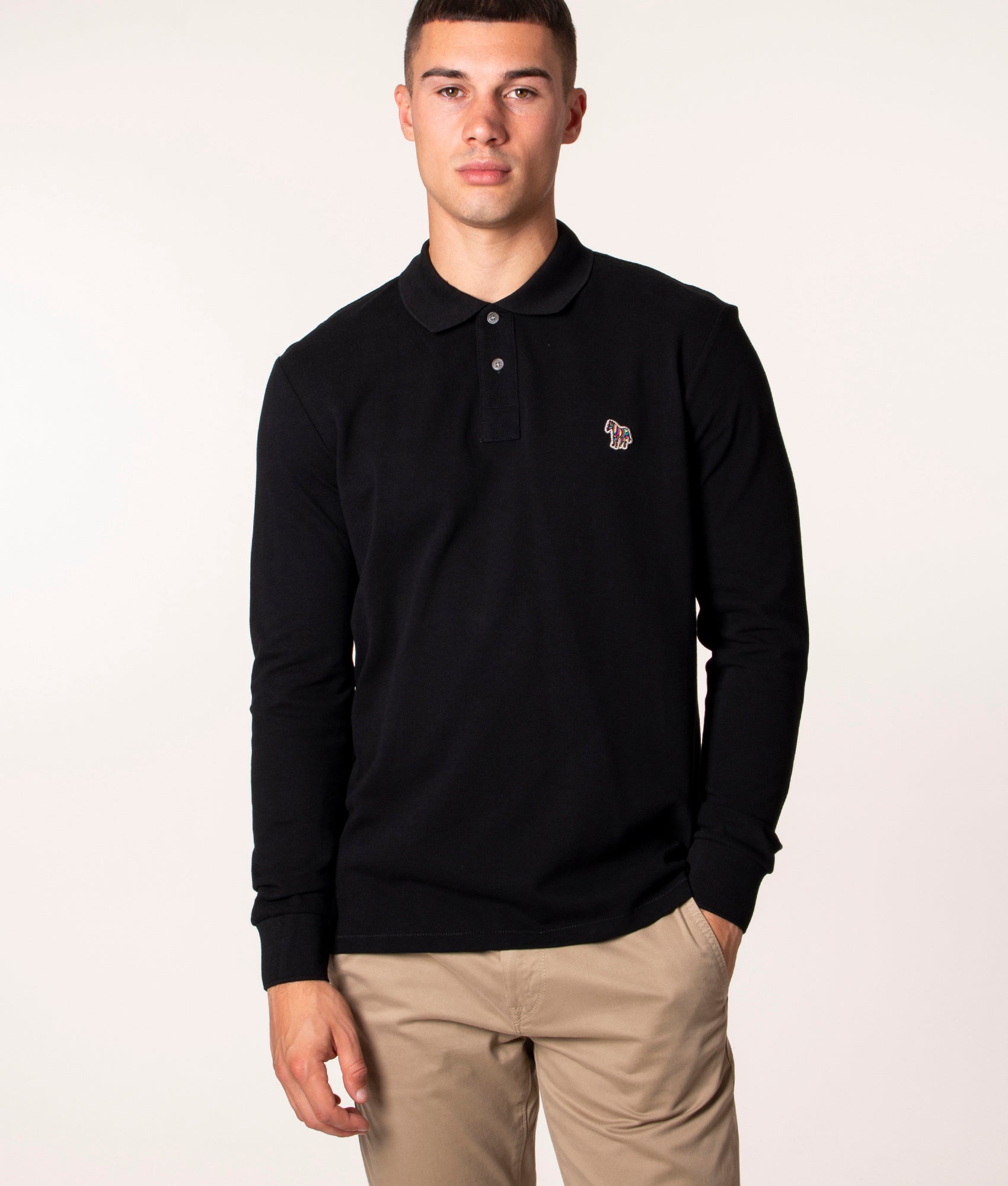 PS Paul Smith Mens Long Sleeve Zebra Logo Polo Shirt - Colour: 79 Black - Size: Medium