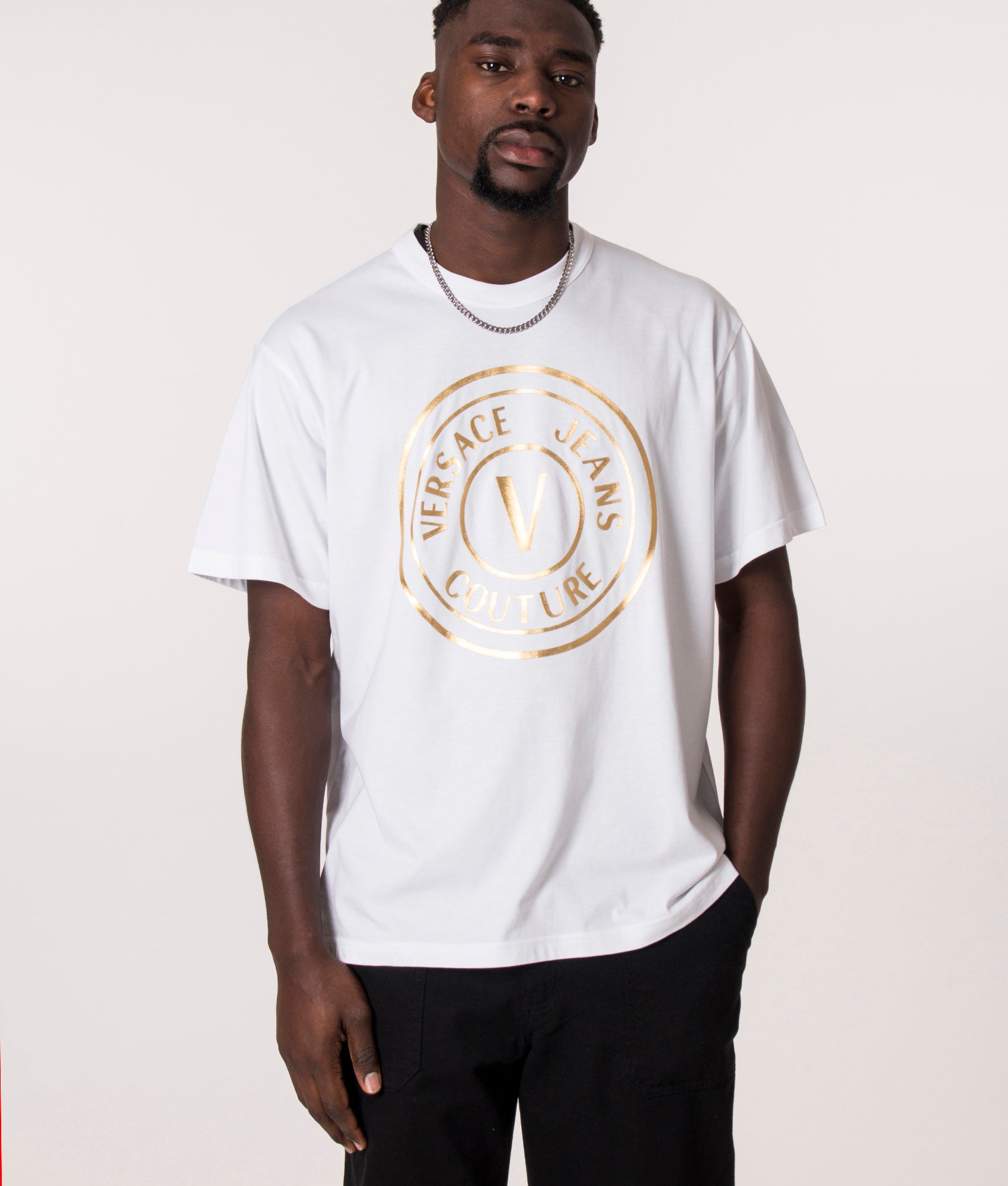 Versace Jeans Couture Mens Thick Foil V Emblem Logo T-Shirt - Colour: G03 White/Gold - Size: XL