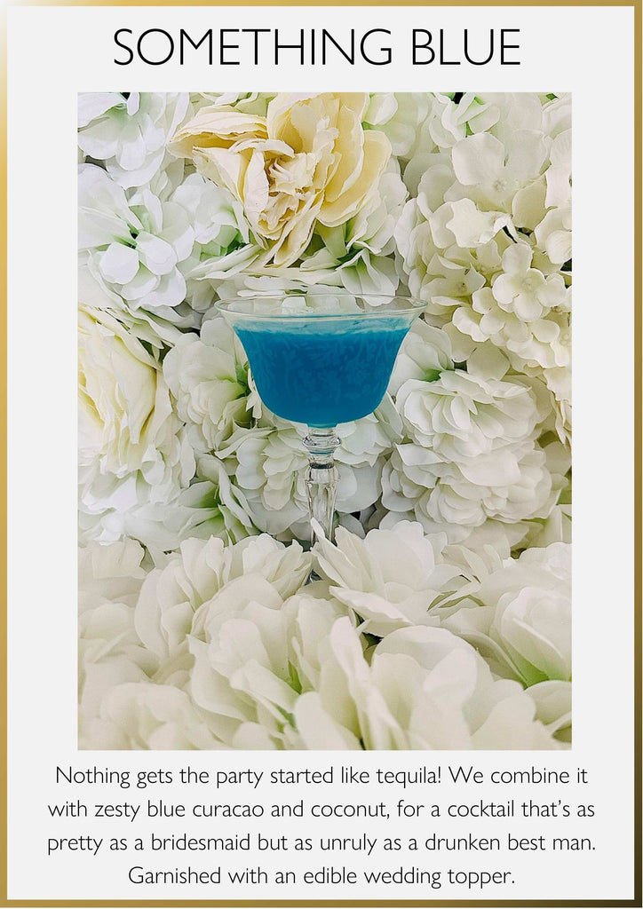 Nothing gets the party started like tequila! We combine it with zesty blue curacao and coconut, for a cocktail that’s as pretty as a bridesmaid but as unruly as a drunken best man. Garnished with an edible wedding topper.