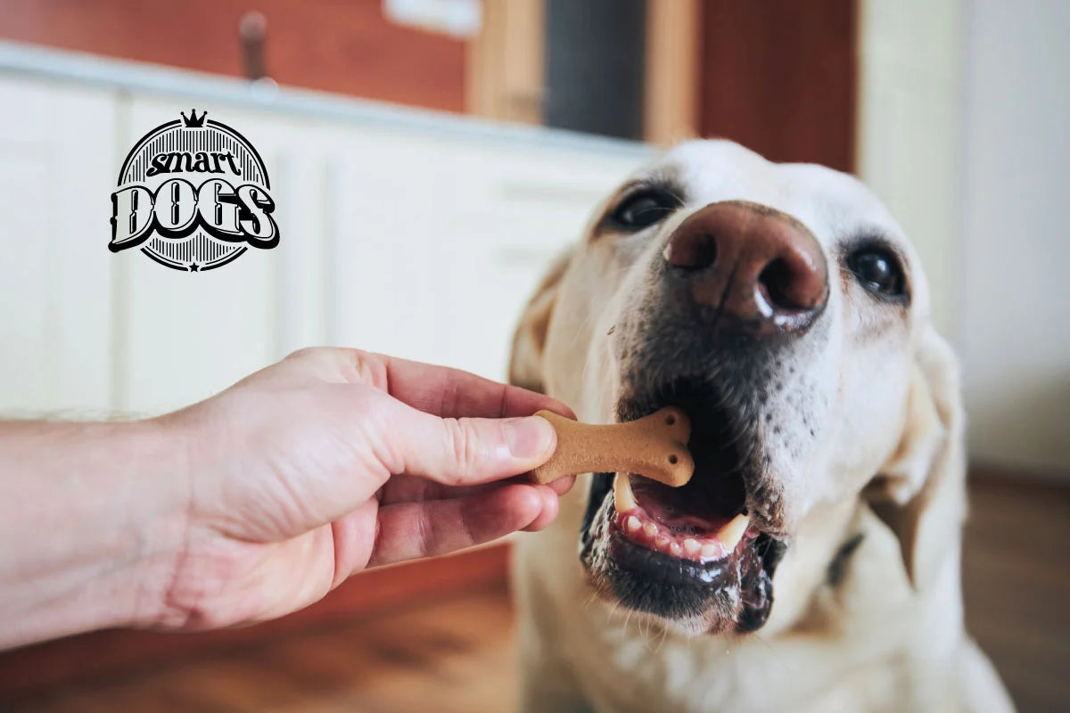 Perro recibiendo premio en forma de hueso de parte de su dueño