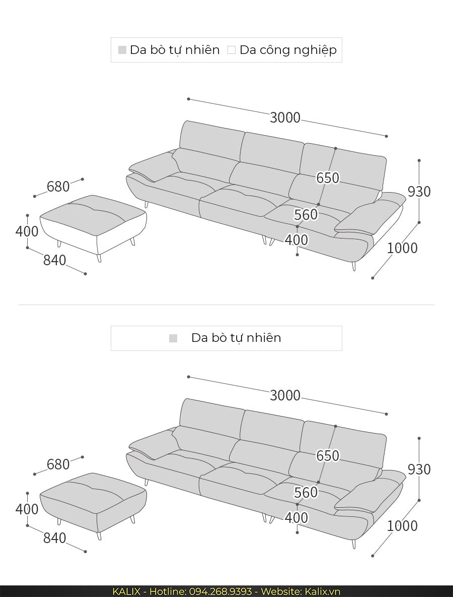 Kích thước sofa văng da 3 chỗ tựa liền