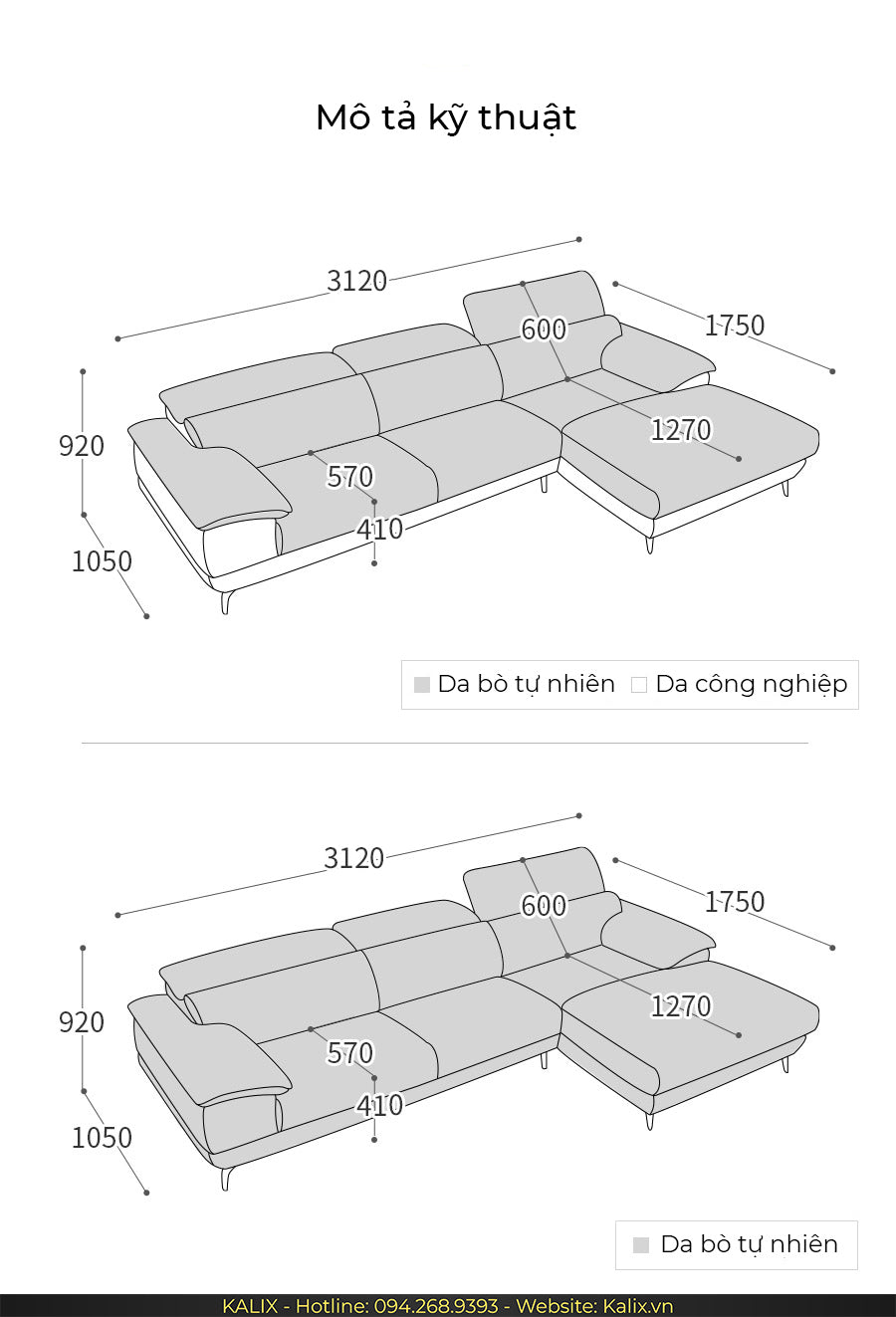 Kích thước sofa góc ENZO