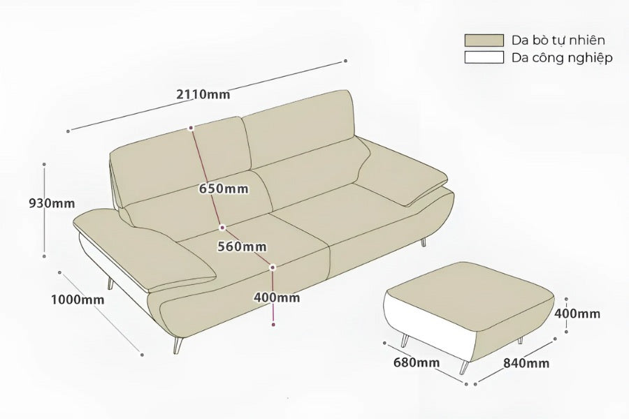 Chi tiết kích thước ghế sofa văng