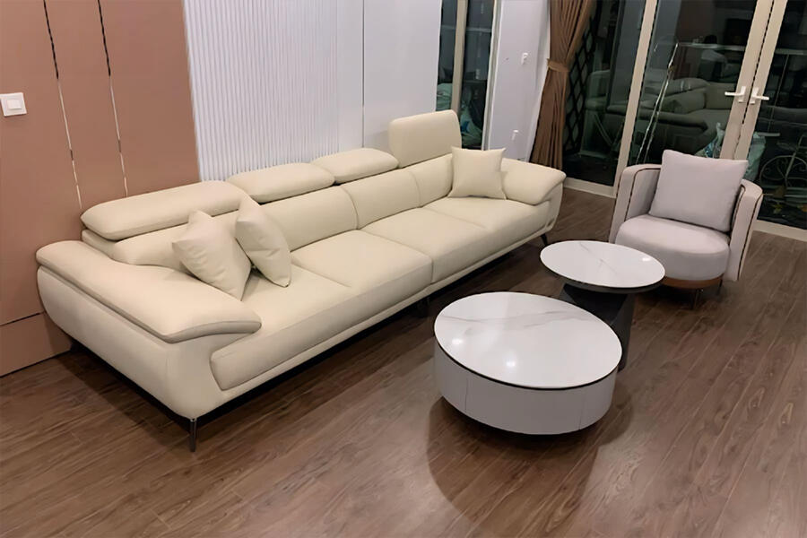 Sofa văng da 4 chỗ tựa gật gù với màu trắng kem