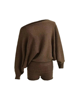 'Hot-to-Go' Y2k Off Shoulder Sweater Shorts 2pcs Set - AlielNosirrah