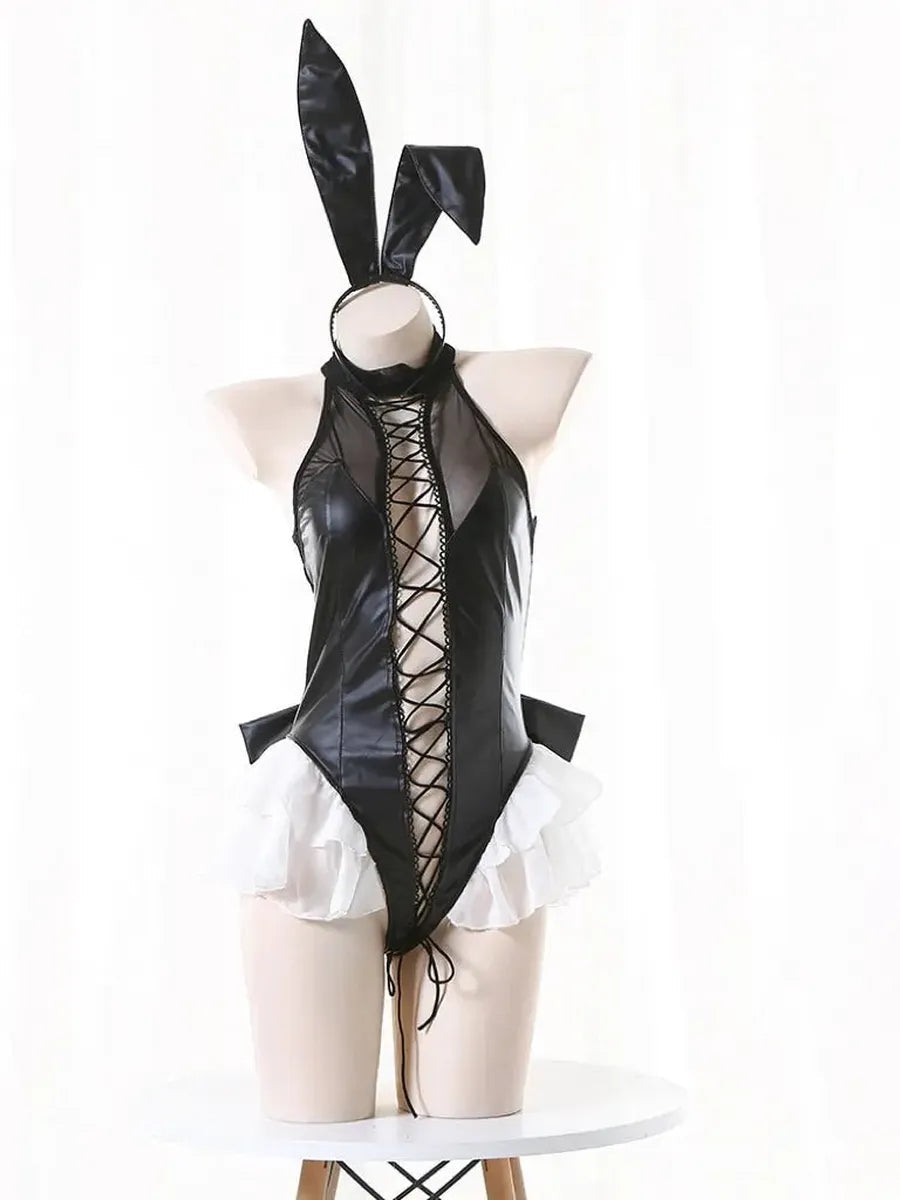 'Black Rabbit' Anime Girl Pu Leather Lace Up Lingerie