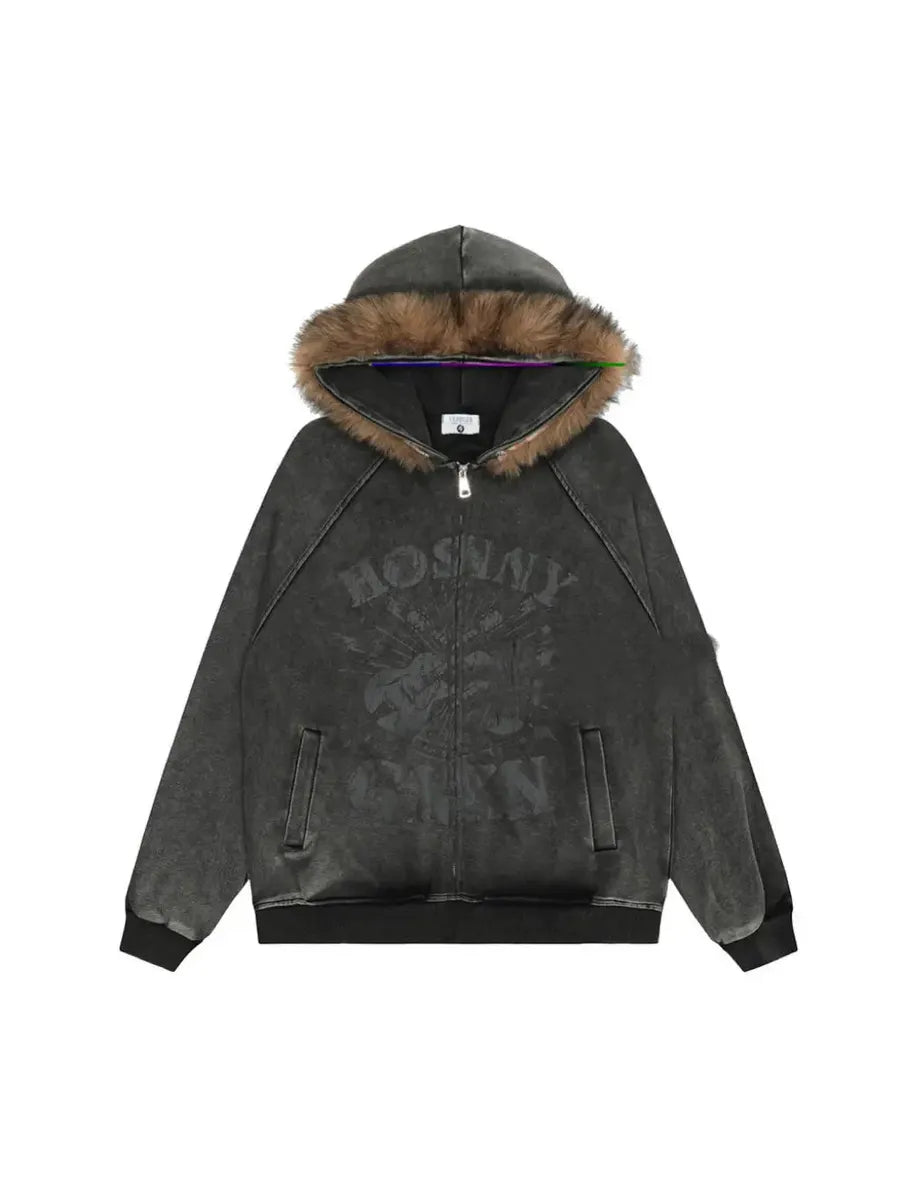 'Snow' Grunge Distressed Fluff Hood Guitar Prints Jacket