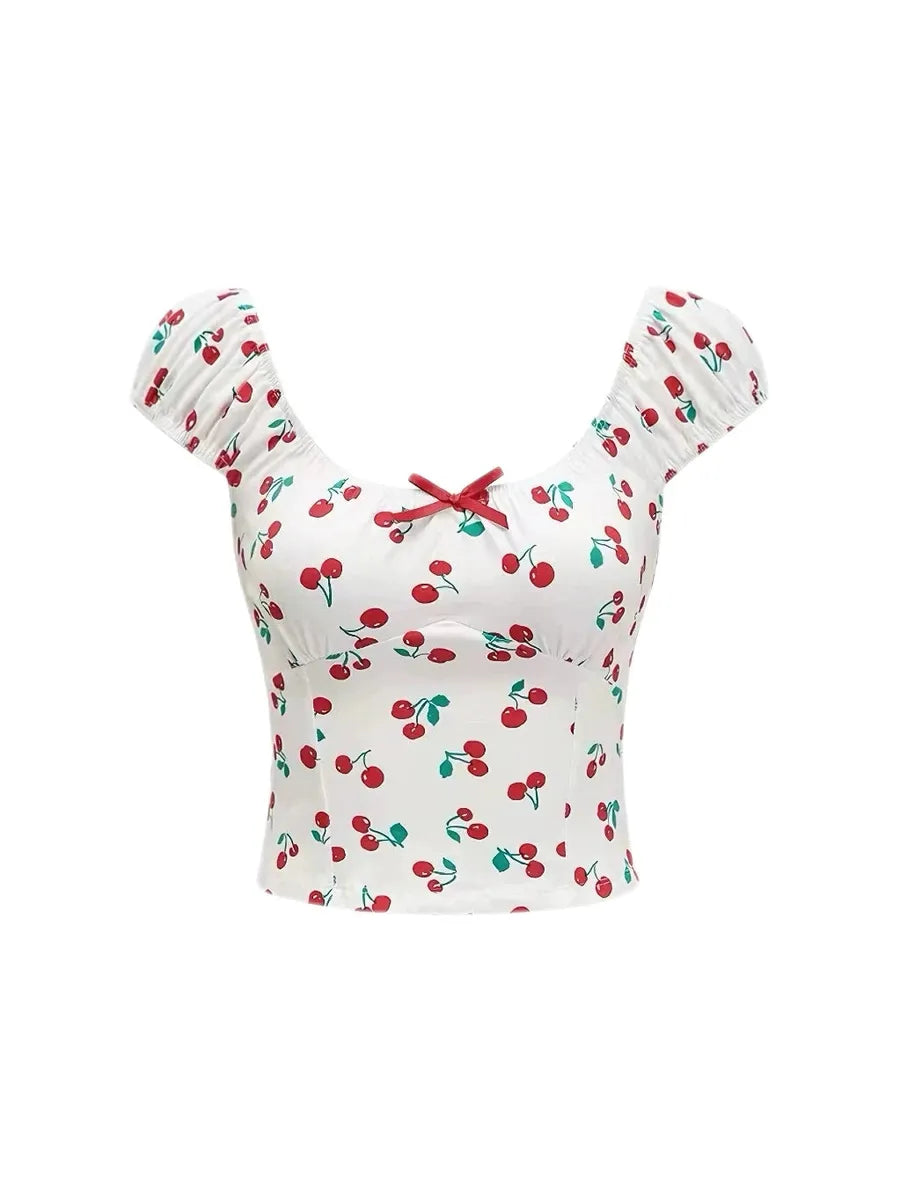 'Cherry Pie' Coquette Girl Cherry Crop Print Top