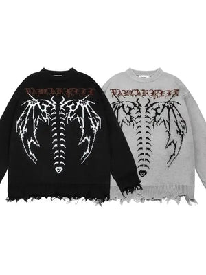 'Dawnbird' Wings Ripped Grunge Dark Sweater - AlielNosirrah