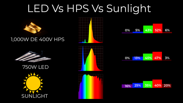 Comparaison de sortie du spectre lumière du soleil, LED et HPS