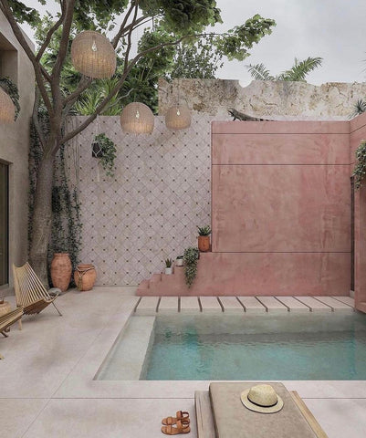 Neutral pastel shades and organic textures create serenity in this outdoor pool area