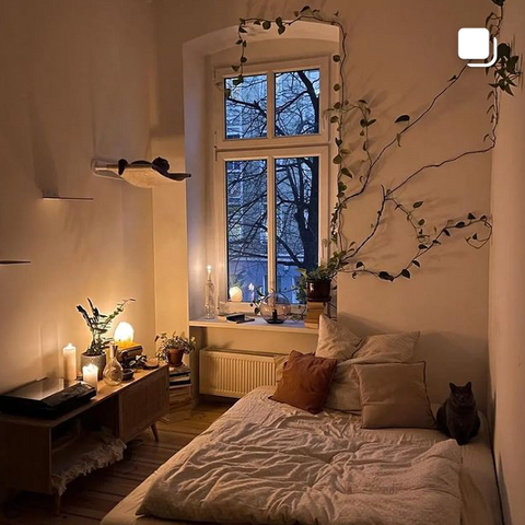 Soft lighting brings warmth to a minimalistic, boho style bedroom
