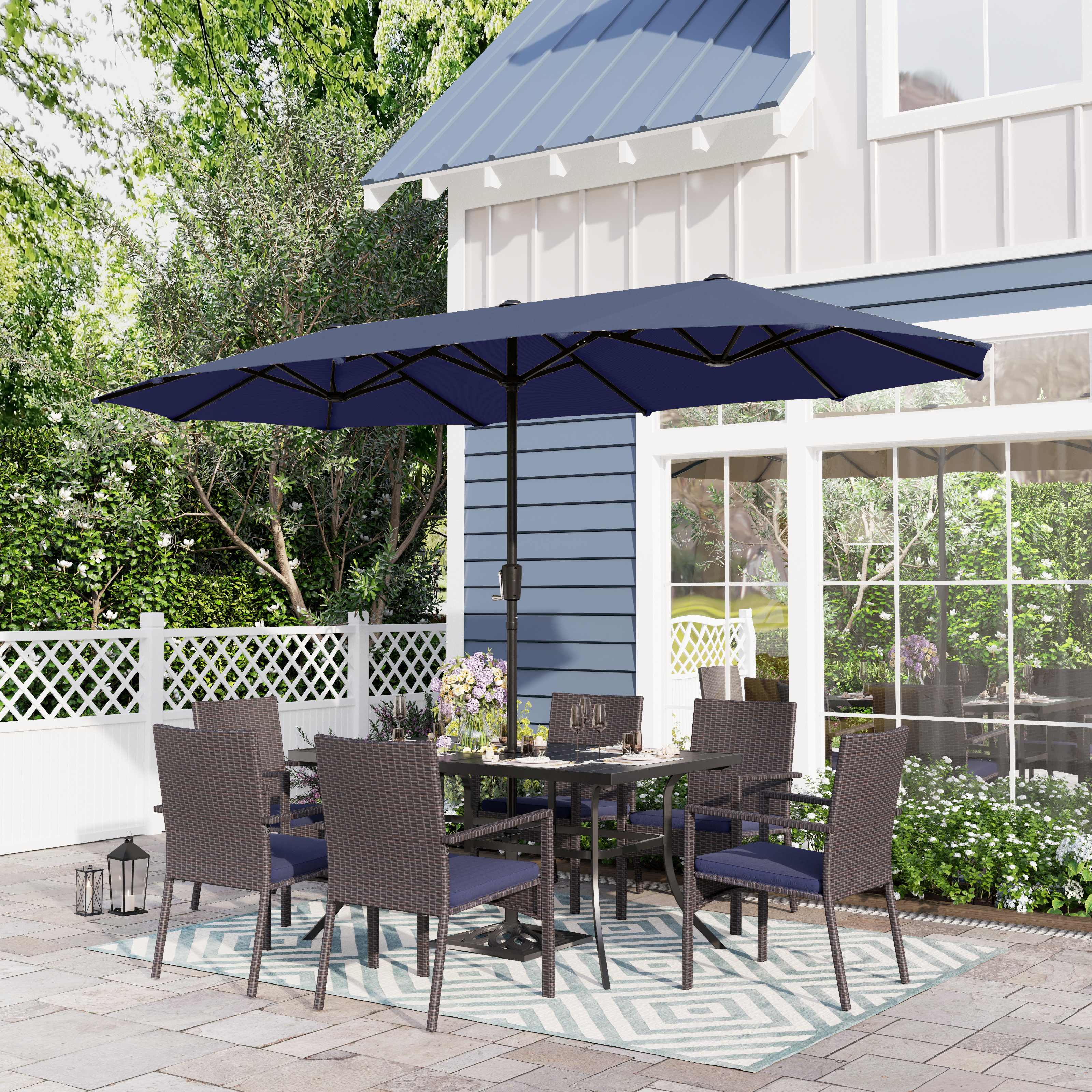 Sophia & William 8-Piece Outdoor Patio Set with 13 ft Umbrella, Rattan  Chairs & Rectangle Table for 6, Beige Umbrella