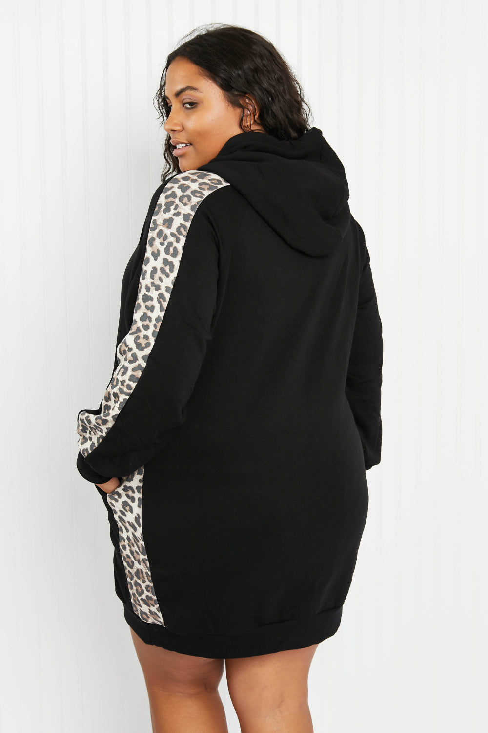 Full Size Leopard Panel Hoodie Dress