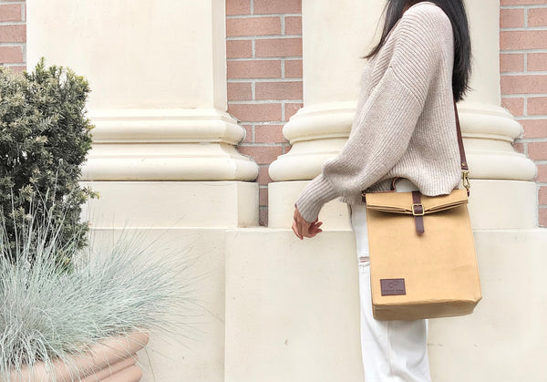 Eco-friendly Kraft Paper Messenger Lunch Bag cross shoulder lifestyle image from Eco Beige