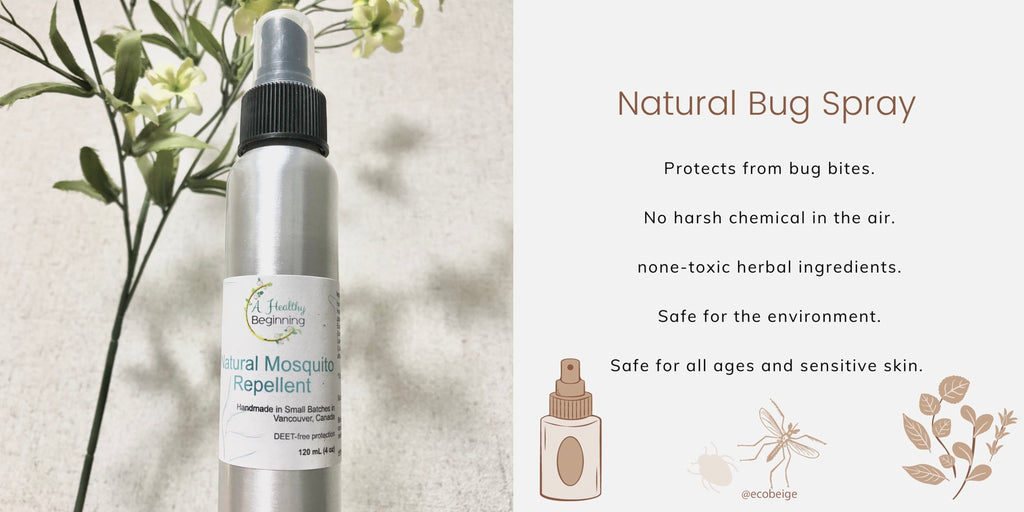 Natural Mosquito Repellent from A Healthy Beginning. Natural bug spray, Protects from bug bites.  No harsh chemical in the air.   none-toxic herbal ingredients.  Safe for the environment.  Safe for all ages and sensitive skin.