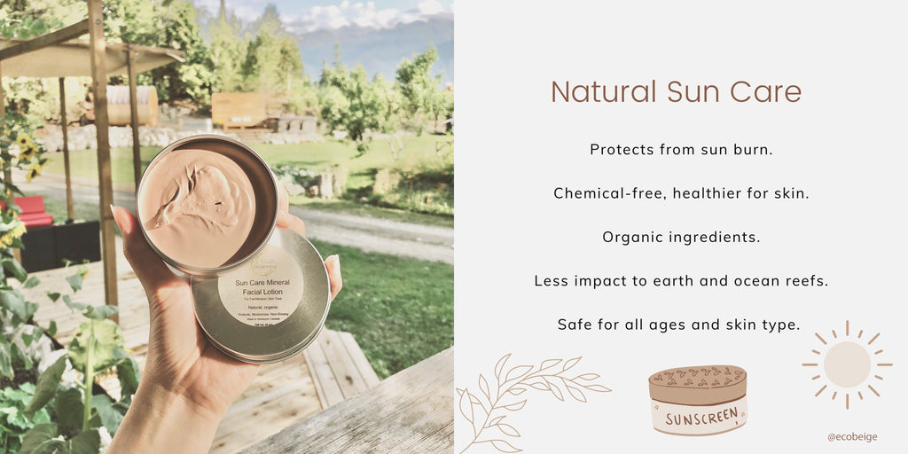 Sun Care Mineral Facial Lotion from A Healthy Beginning. Natural Sun Care, Protects from sun burn.  Chemical-free, healthier for skin.   Organic ingredients.  Less impact to earth and ocean reefs.  Safe for all ages and skin type. 