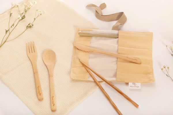 Eco-Beige Natural Bamboo Cutlery Set with beige color pouch and engraved logo on each bamboo utensils. Elegant and minimal on the go.