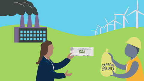 A bag of carbon credits is exchanged for a check