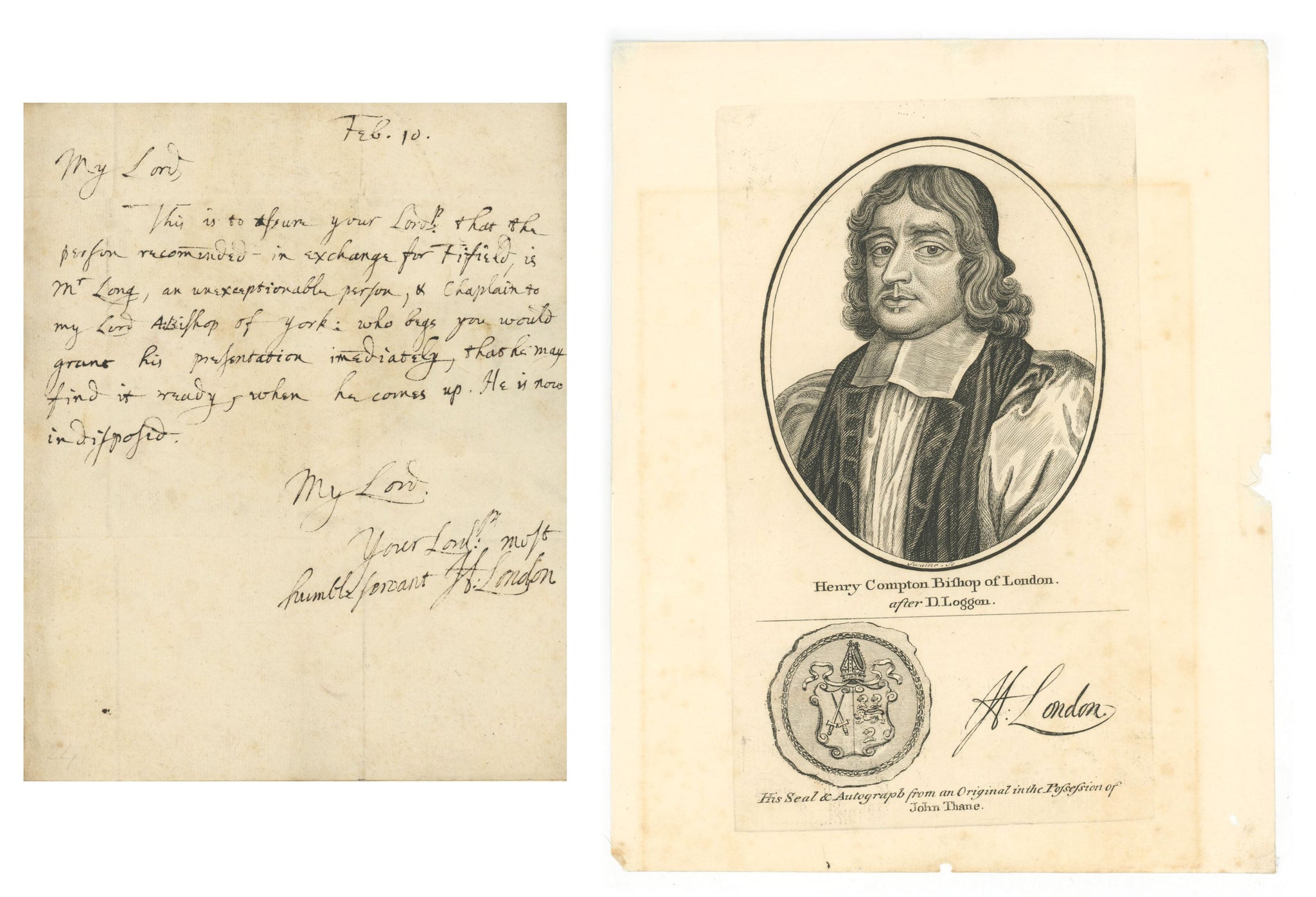 Lot 14:  HENRY COMPTON - ONE OF THE IMMORTAL SEVEN IN THE GLORIOUS REVOLUTION - AUTOGRAPHED LETTER