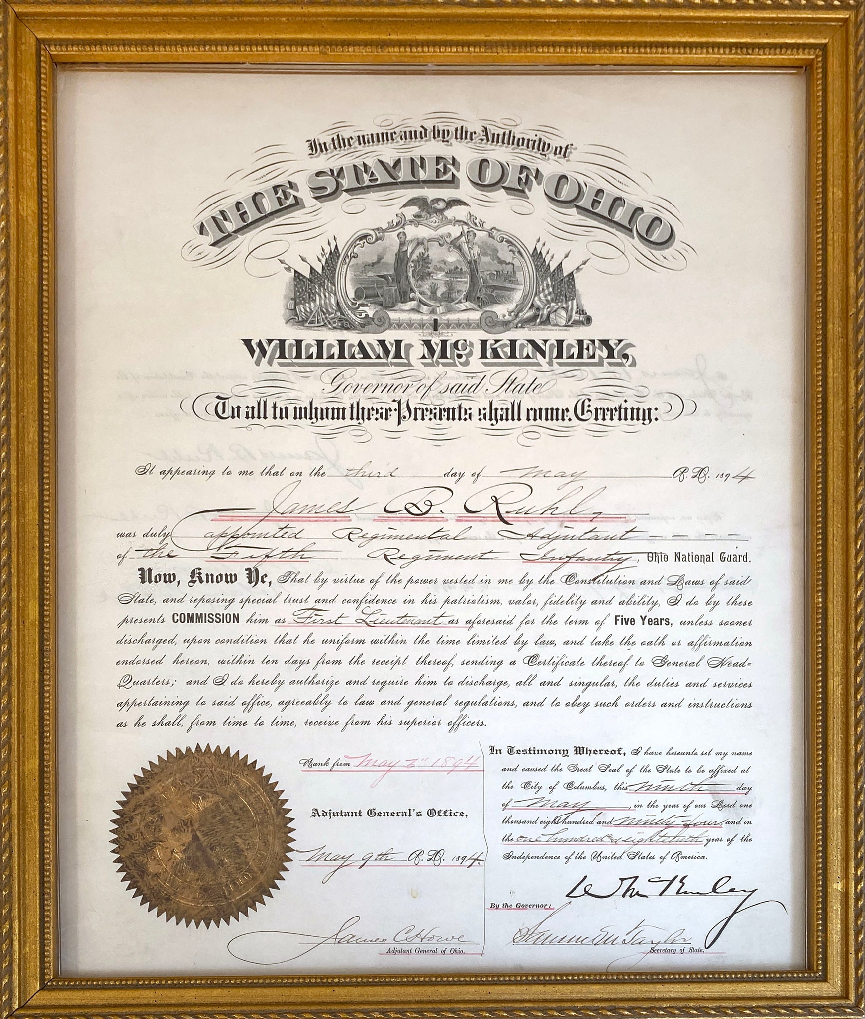WILLIAM MCKINLEY - 25TH PRESIDENT OF THE UNITED STATES - AUTOGRAPHED 1894 MILITARY APPOINTMENT