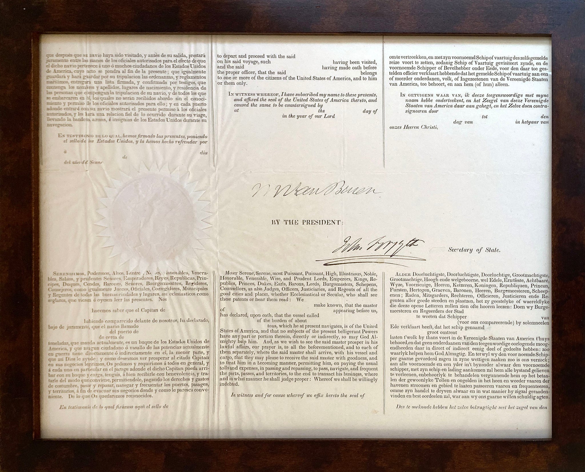 MARTIN VAN BUREN - 8TH U.S. PRESIDENT - AUTOGRAPHED PARTIAL SECTION OF FOUR LANGUAGE SHIPS PAPERS