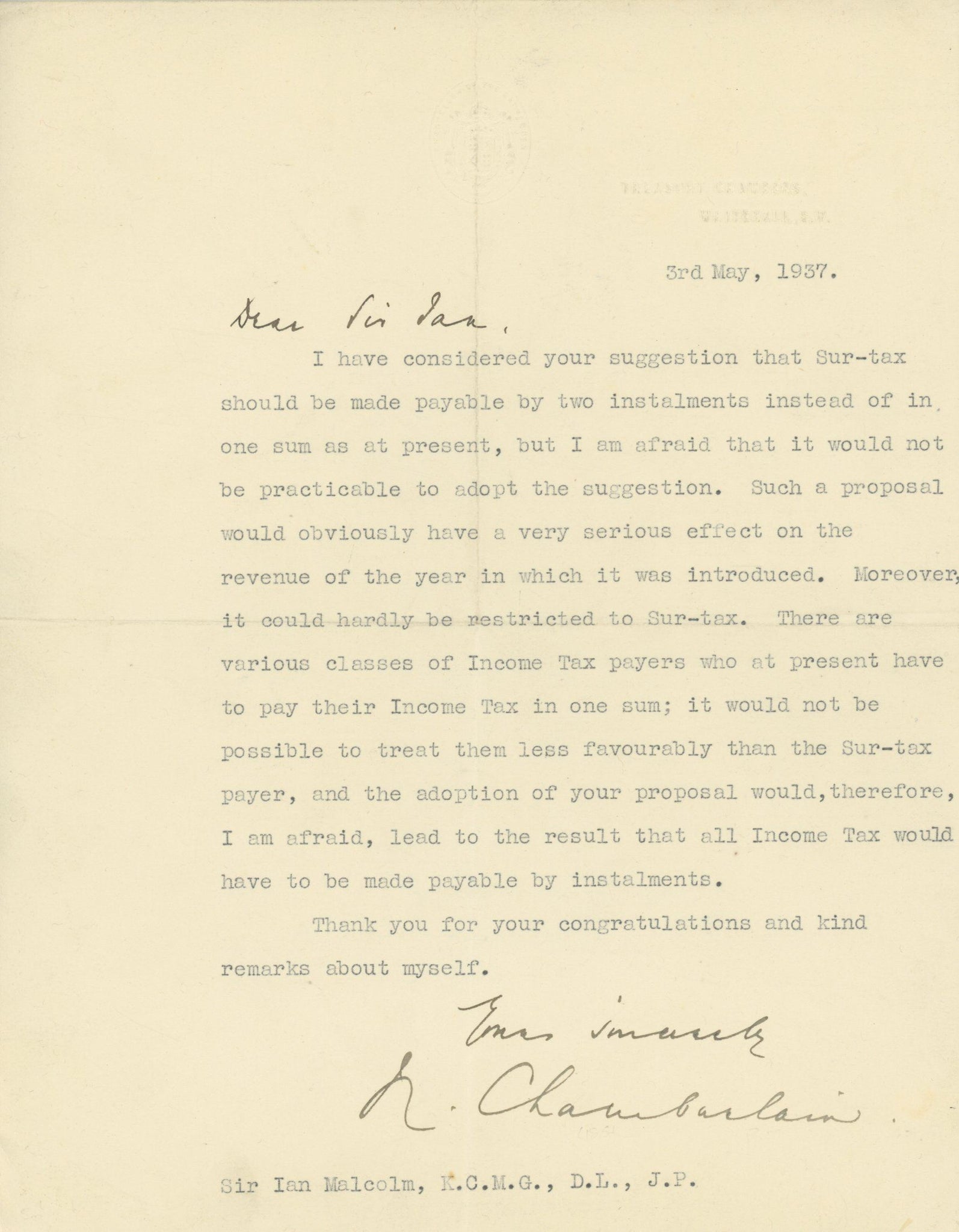 Lot 4: NEVILLE CHAMBERLAIN - PRIME MINISTER OF THE UNITED KINGDOM - AUTOGRAPHED 1937 LETTER (TLS)