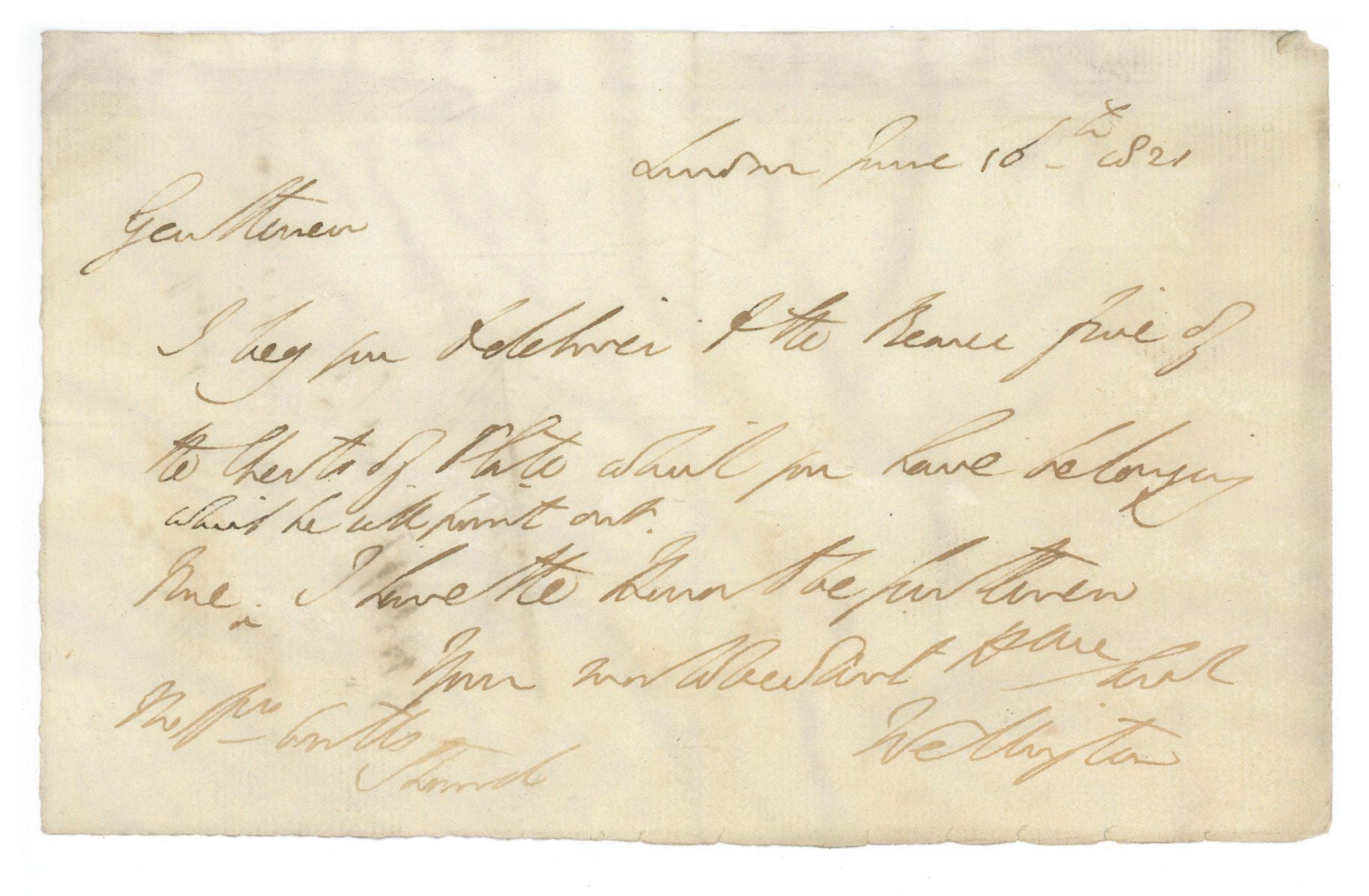 LOT 43:  WELLINGTON - PRIME MINISTER OF UNITED KINGDOM & BATTLE OF WATERLOO COMMANDER - AUTOGRAPHED LETTER