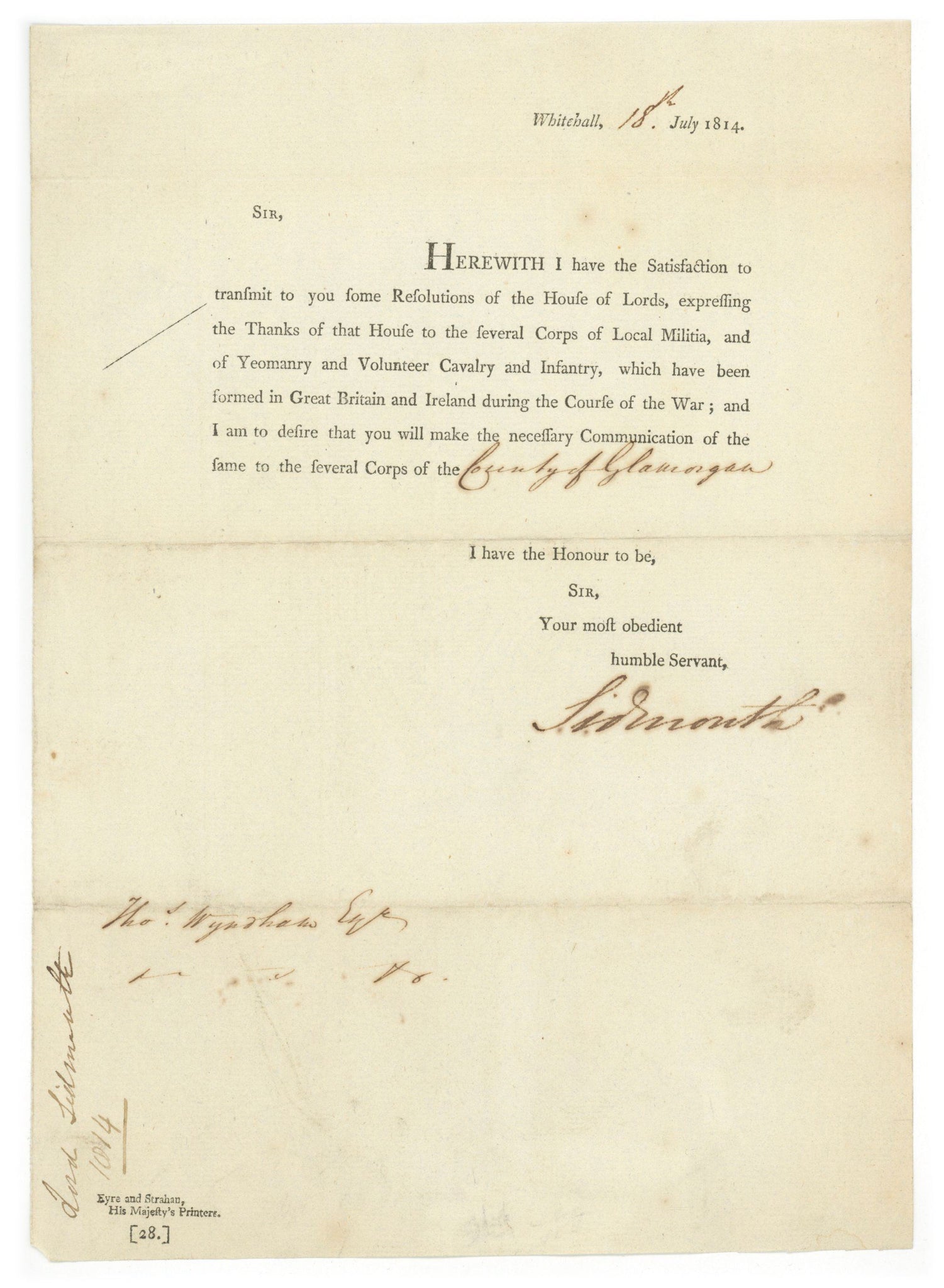 Lot 5: HENRY ADDINGTON - PRIME MINISTER OF THE UNITED KINGDOM - WAR CONTENT AUTOGRAPHED 1814 TLS