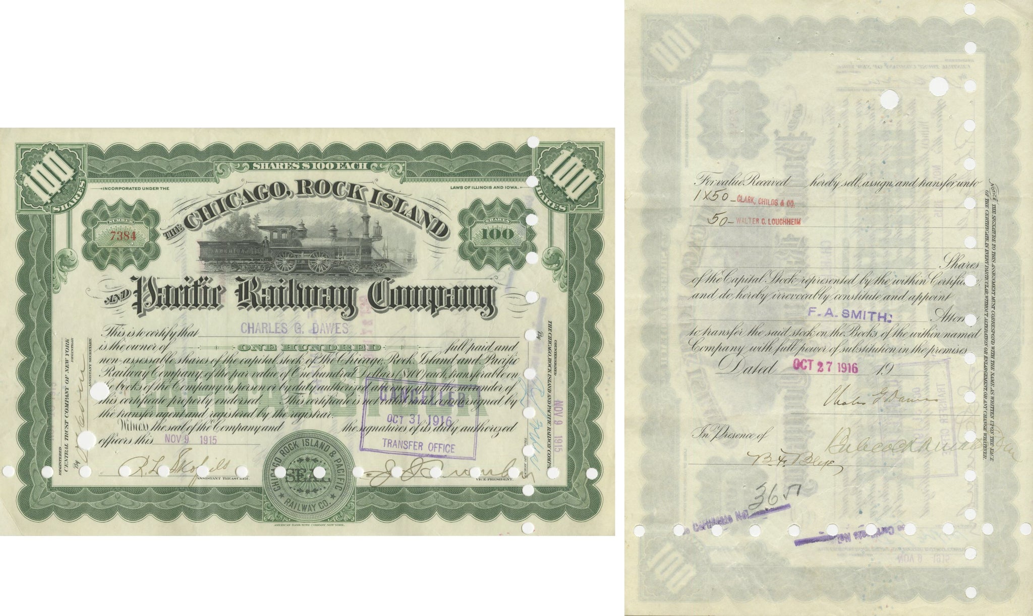 CHARLES G. DAWES - 30TH U.S. VICE PRESIDENT - AUTOGRAPHED 1916 PACIFIC RAILWAY STOCK CERTIFICATE