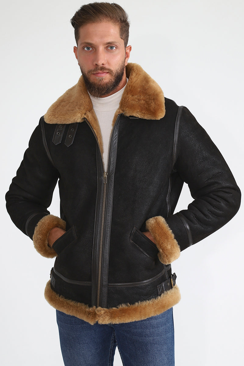 Men's Shearling Aviator Jacket, Washed Brown with Ginger Wool – FURNIQ UK