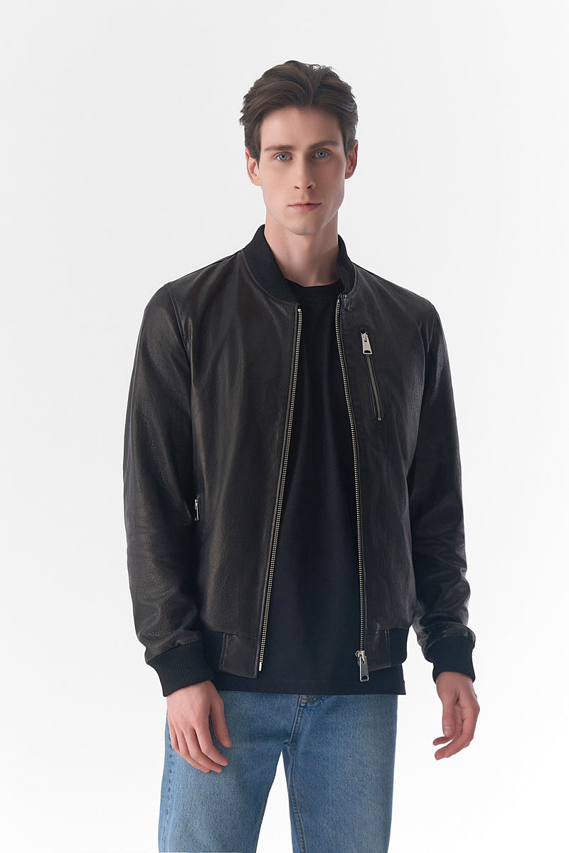 Genuine Leather Bomber Jacket, Natural Grain Black – FURNIQ UK