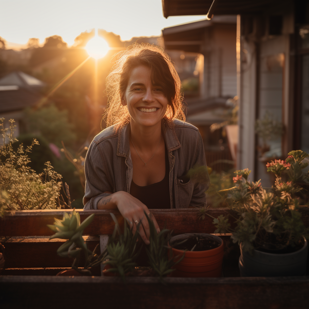 A person looking at the camera and smiling, gardening on their balcony, at sunrise