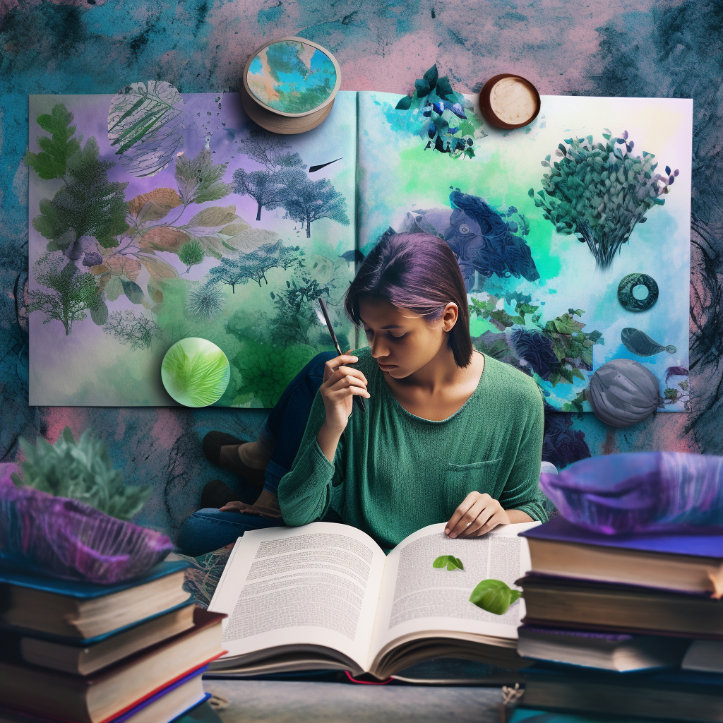 A person engaged in reading or listening to stories, surrounded by visual elements representing learning and personal growth