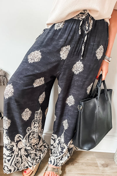 Bohemian Printed Drawstring Waist Wide Leg Pants-Lastshoppingexit