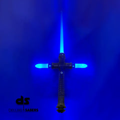 The Knight of Ren (assembled crossguard design lightsaber with a black hilt, powered on with a blue blade color)