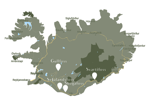 Map of waterfalls on Iceland