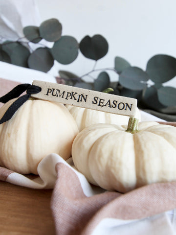 2 white pumpkins, one tied with a ceramic tag saying 'pumpkin season'